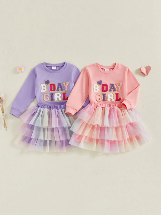 Adorable Toddler Girl Birthday Outfit Heart Embroidered Sweatshirt Layered Skirt
