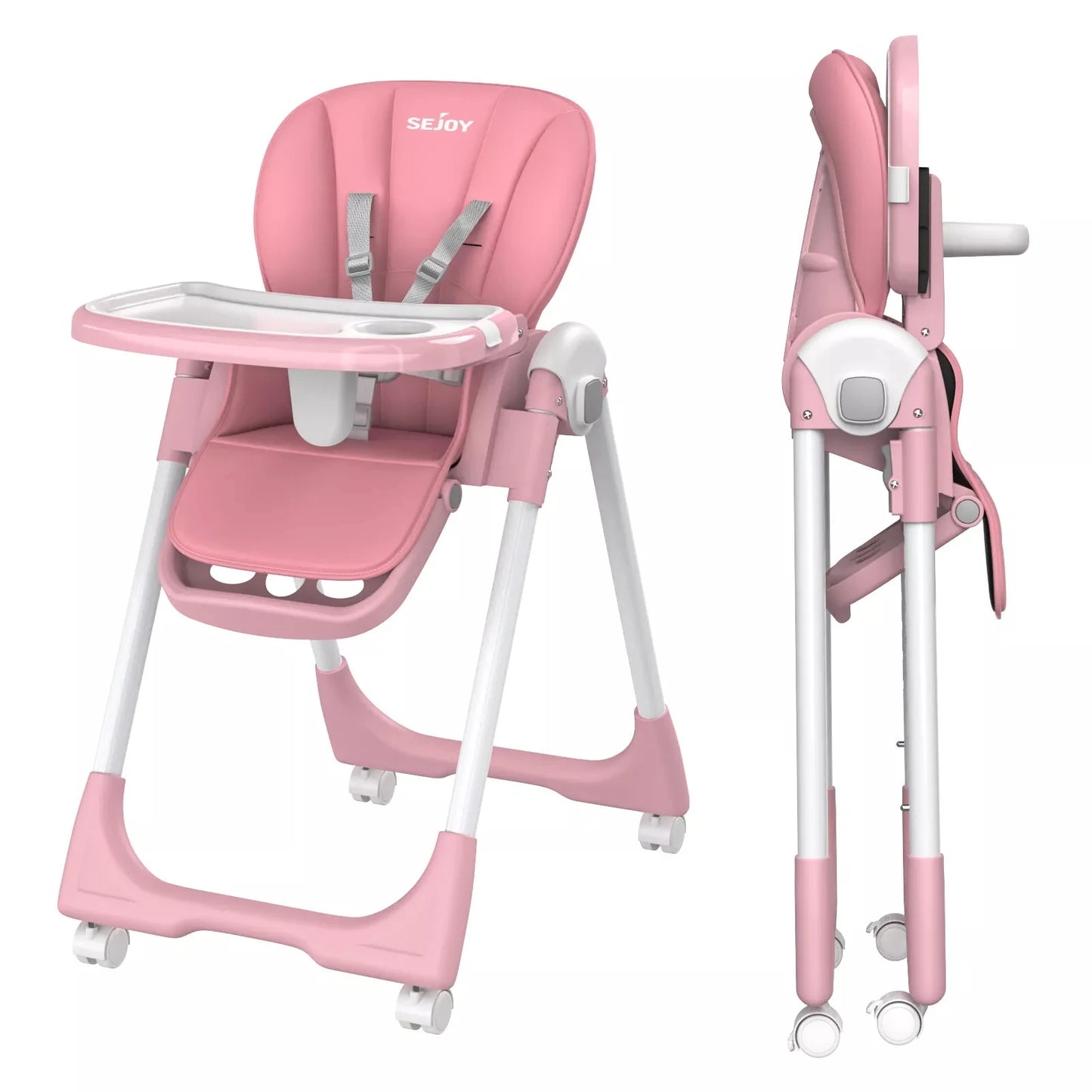 SEJOY Adjustable High Chair FivePoint Harness 3Tier Tray