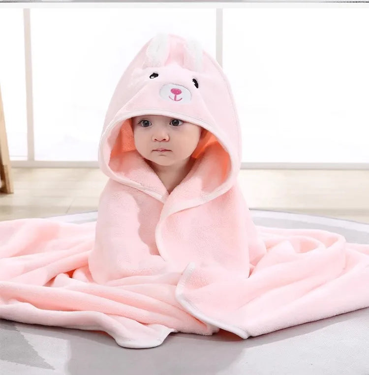 NONECN Baby Hooded Bathrobe Cartoon Coral Fleece Towel Blanket