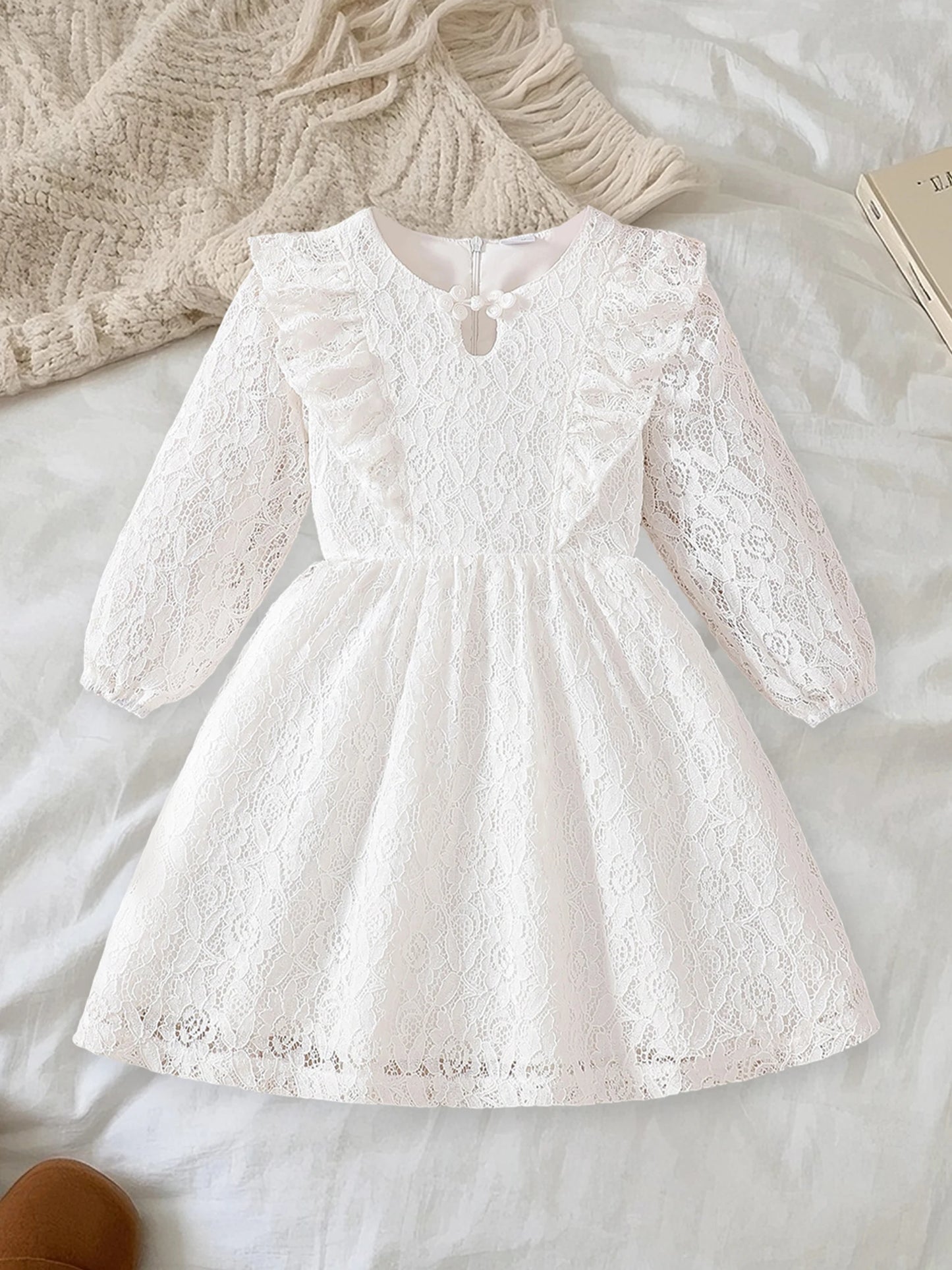 Toddler Girl Floral Lace Dress With Bow And Puff Sleeves