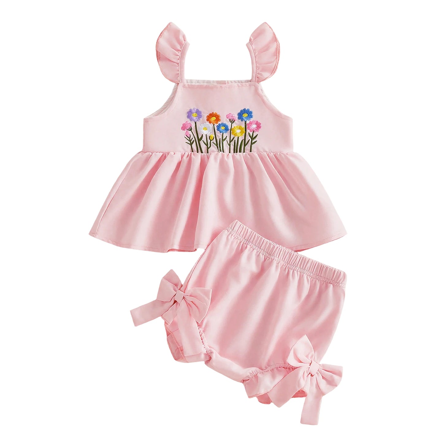 Toddler Girls Floral Embroidery Flutter Sleeves Top Shorts Set