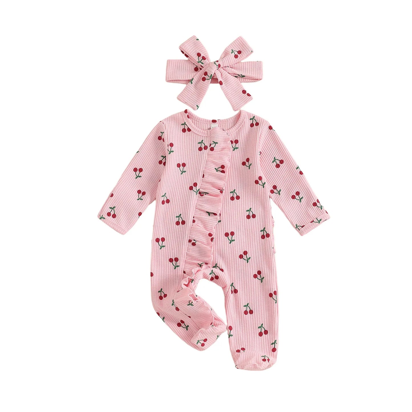 PudcocoCN Cherry Print Footed Newborn Romper With Headband