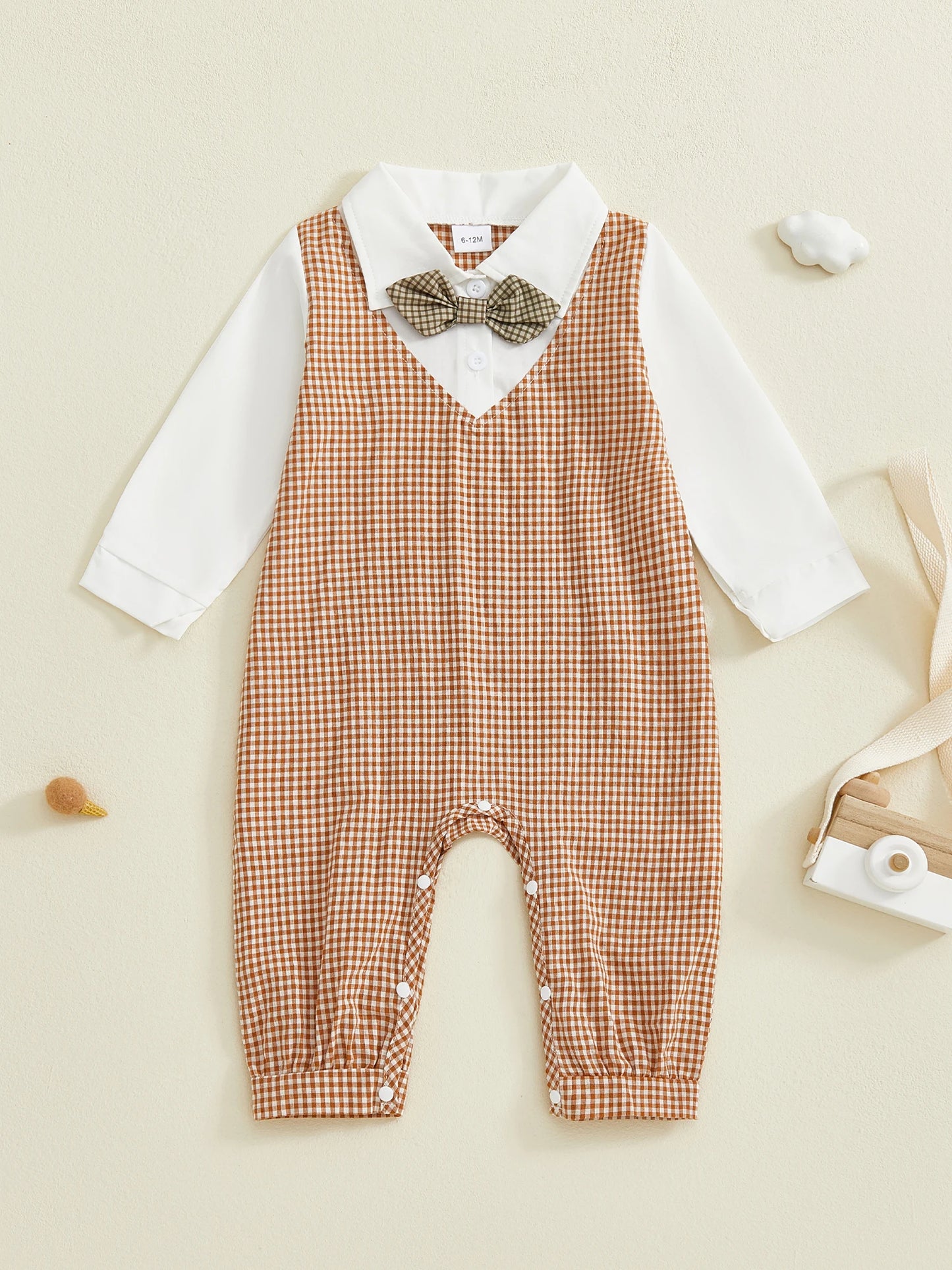 Cotton Plaid Print Unisex Baby Romper With Long Sleeve Turn Down Collar