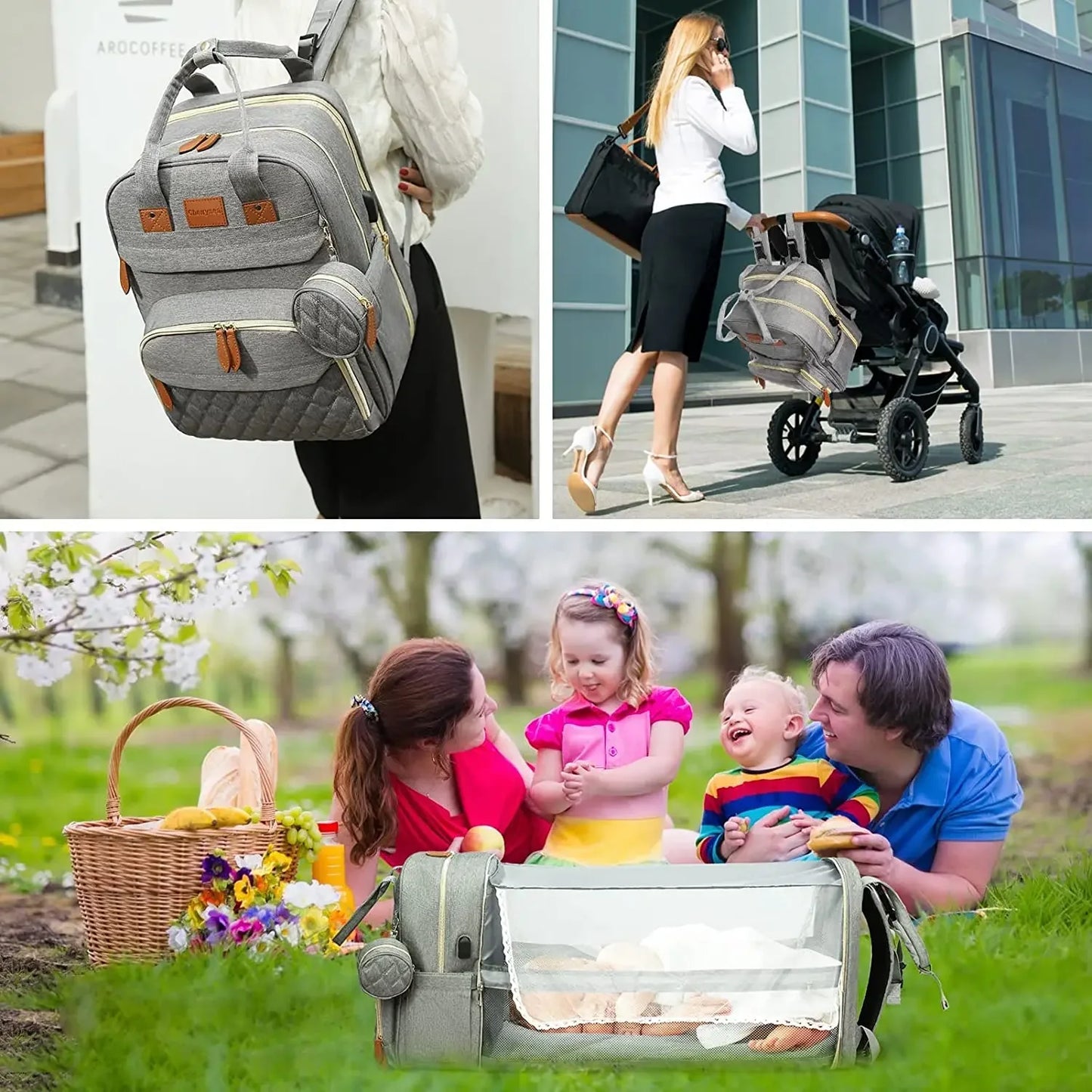 Diaper Bag Backpack Foldable Baby Bed Waterproof With USB Charge