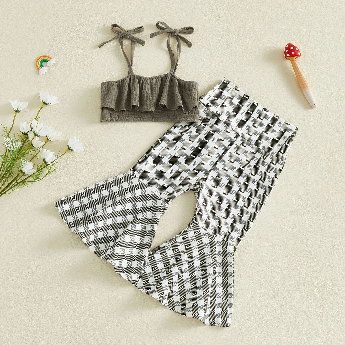 Girls Ruffle Sleeve Top And Denim Shorts Set Floral Print Bow Detail