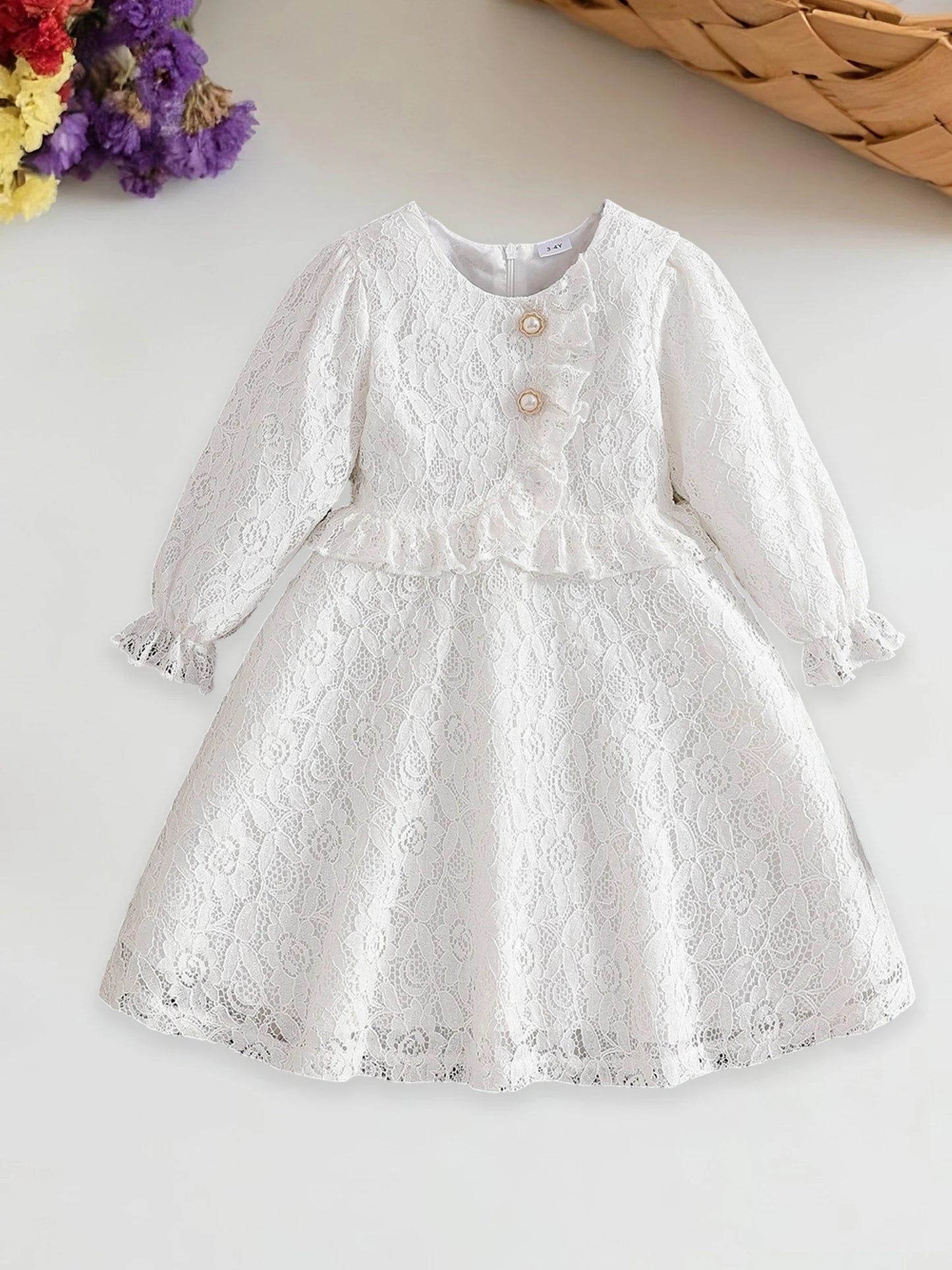 Girls Floral Lace Dress Long Sleeve Princess Style