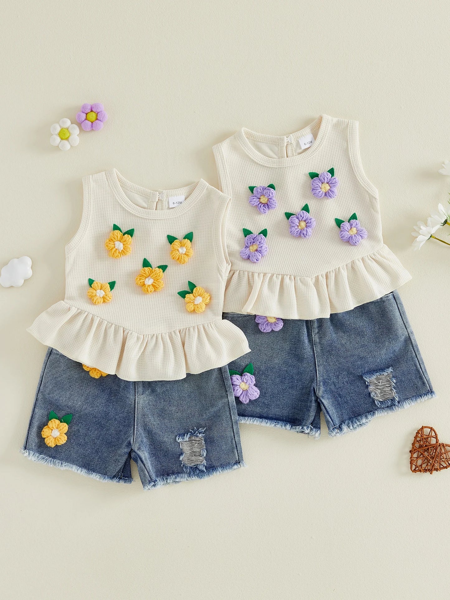 Toddler Girls Floral Embroidered Tank Top And Ruffled Denim Shorts Set