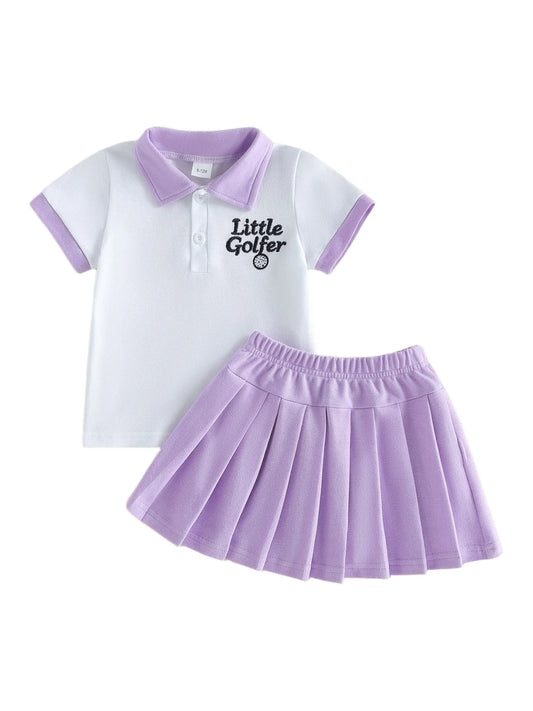 Girls Golf Outfit Embroidered Letters Shirt and Pleated Skirt Set