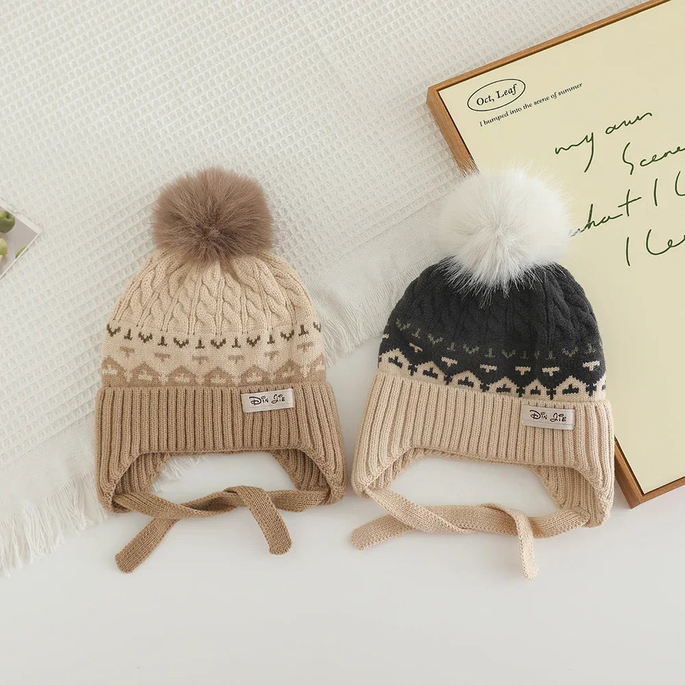 Winter Knitted Headwear for Children UltraSoft Hypoallergenic Pompom EarProtection