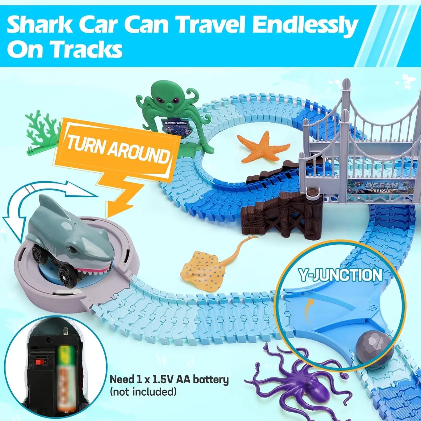 VATOS Shark Race Car Toy Track Set For Kids Ocean Theme