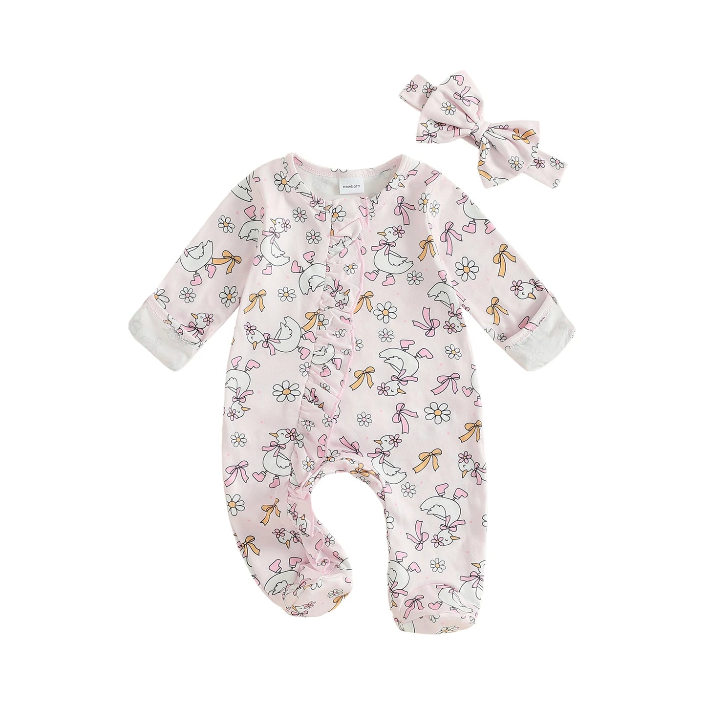 Guangdong Baby Floral Print Footed Romper and Headband Set