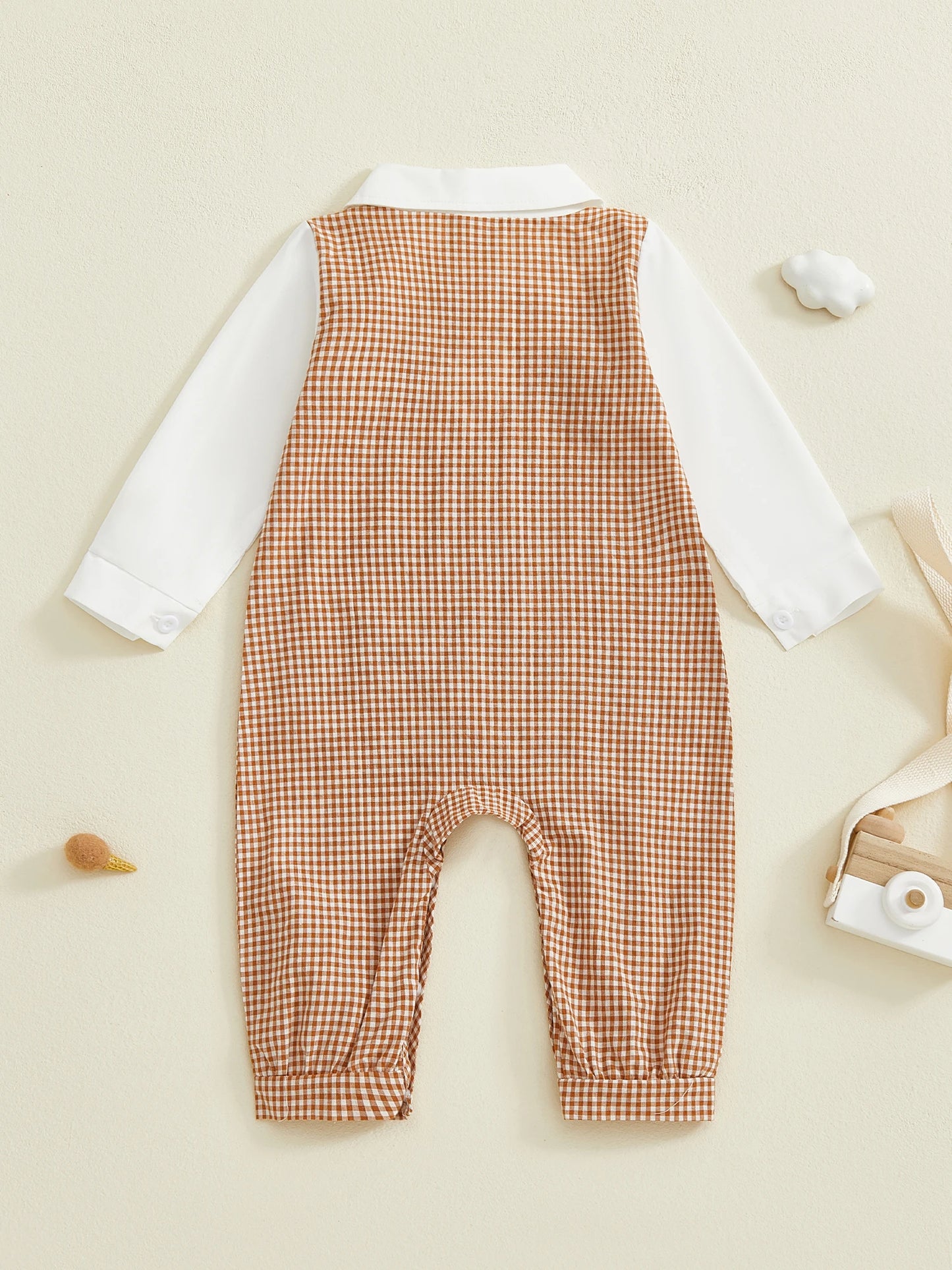 Cotton Plaid Print Unisex Baby Romper With Long Sleeve Turn Down Collar