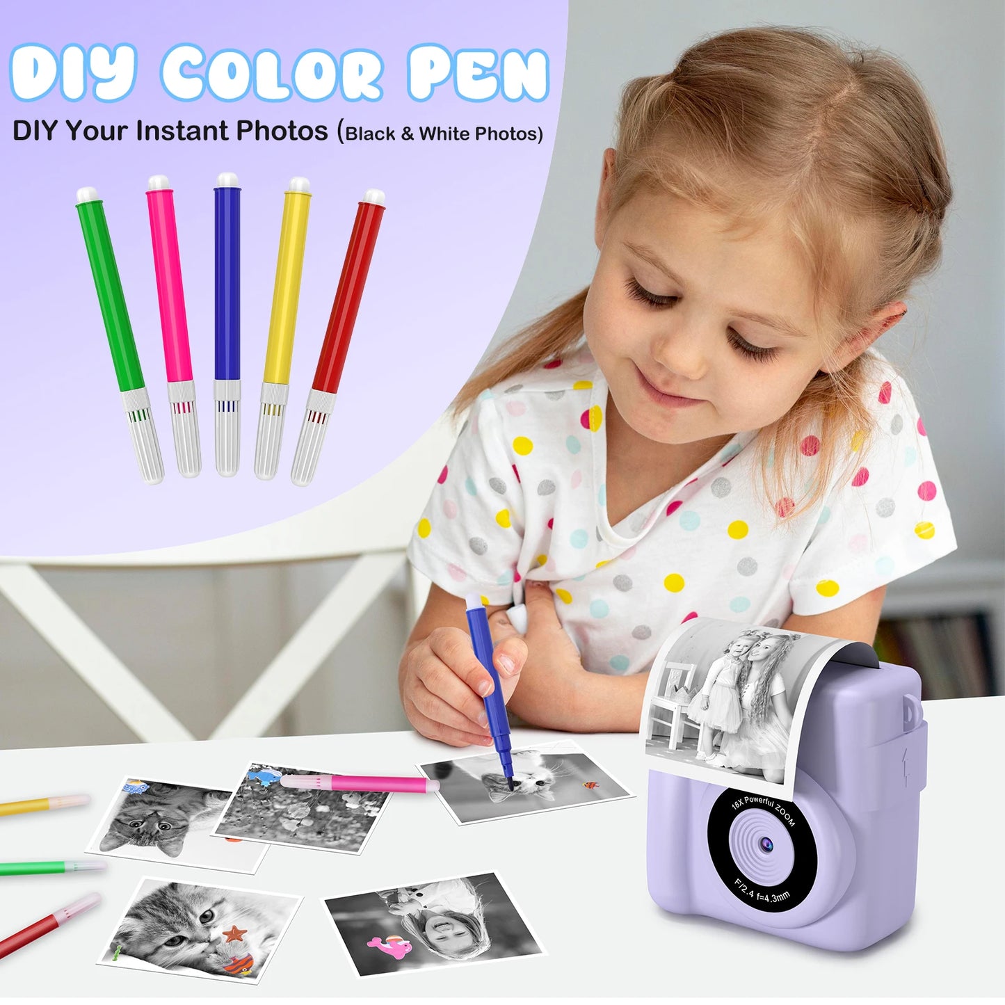 DIAMOOKYCN Kids Digital Camera 1080P HD Instant Print Gift