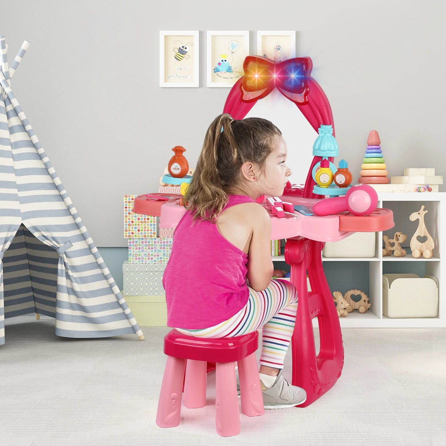 Diowewea 2 In 1 Toddler Vanity Table Set With Music