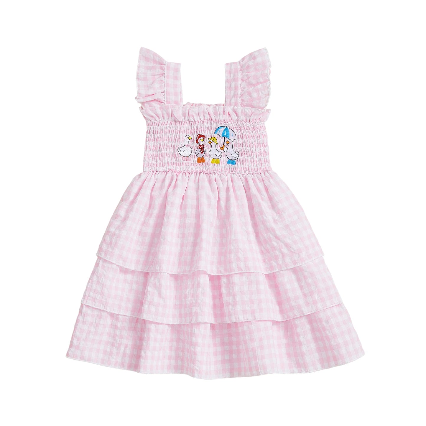 Baby Girls Sleeveless Plaid Dress With Duck Embroidery And Square Collar