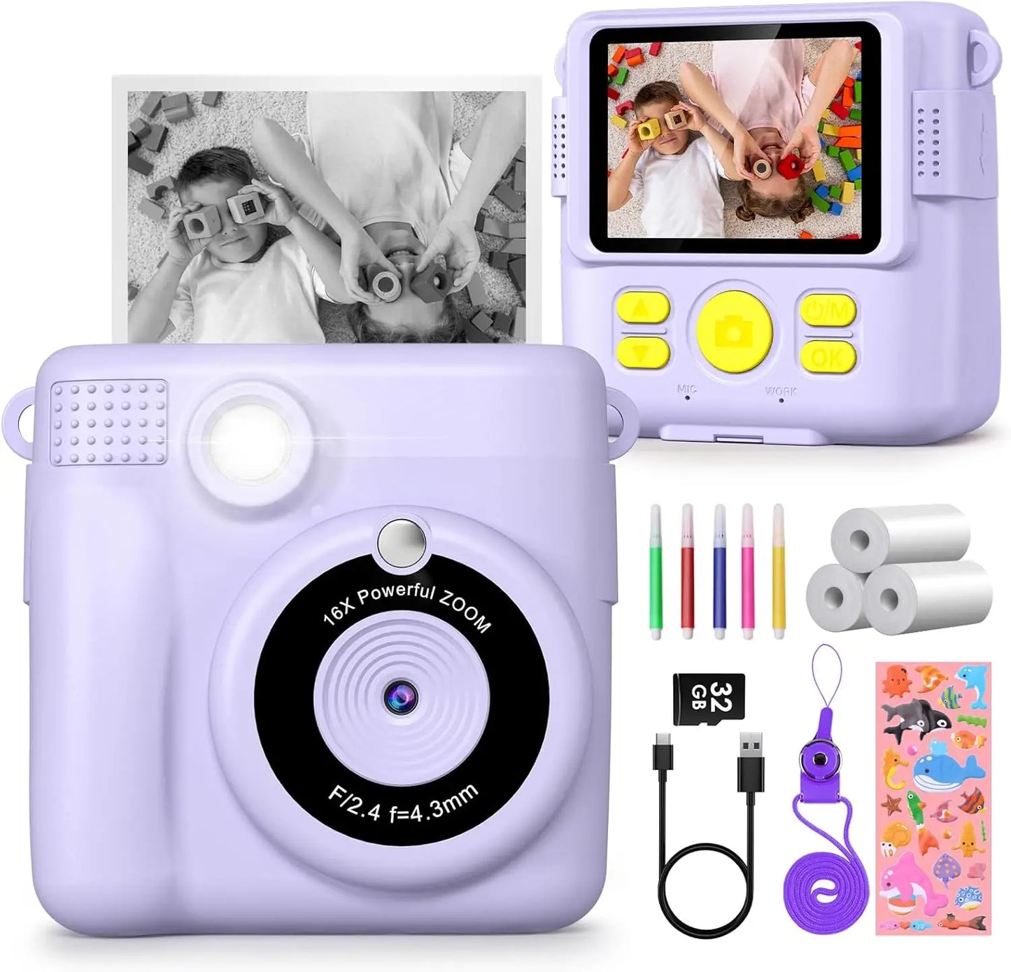DIAMOOKYCN Kids Digital Camera 1080P HD Instant Print Gift