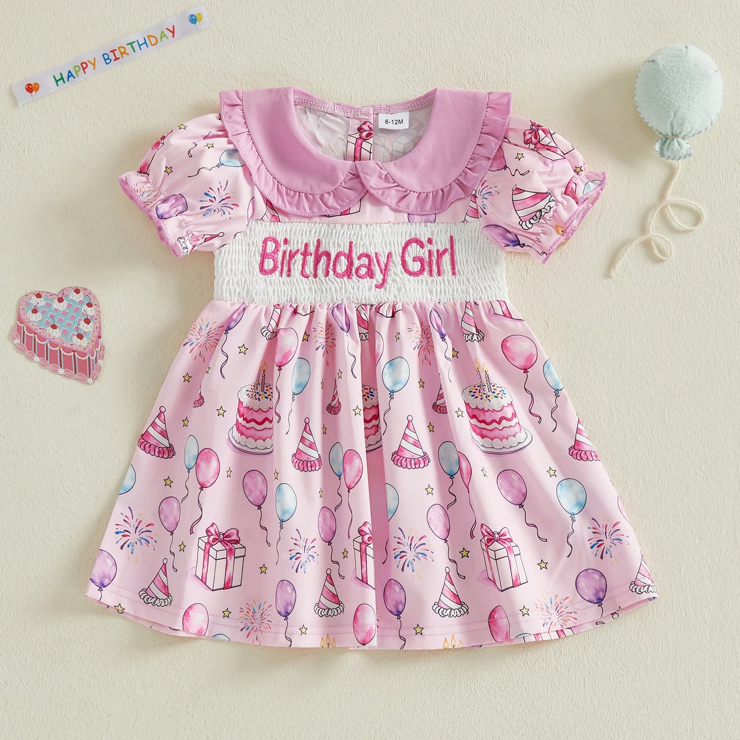 Girls Summer Short Sleeve Dress with Doll Collar Letter Cake and Balloons Print - Perfect for Birthday Parties