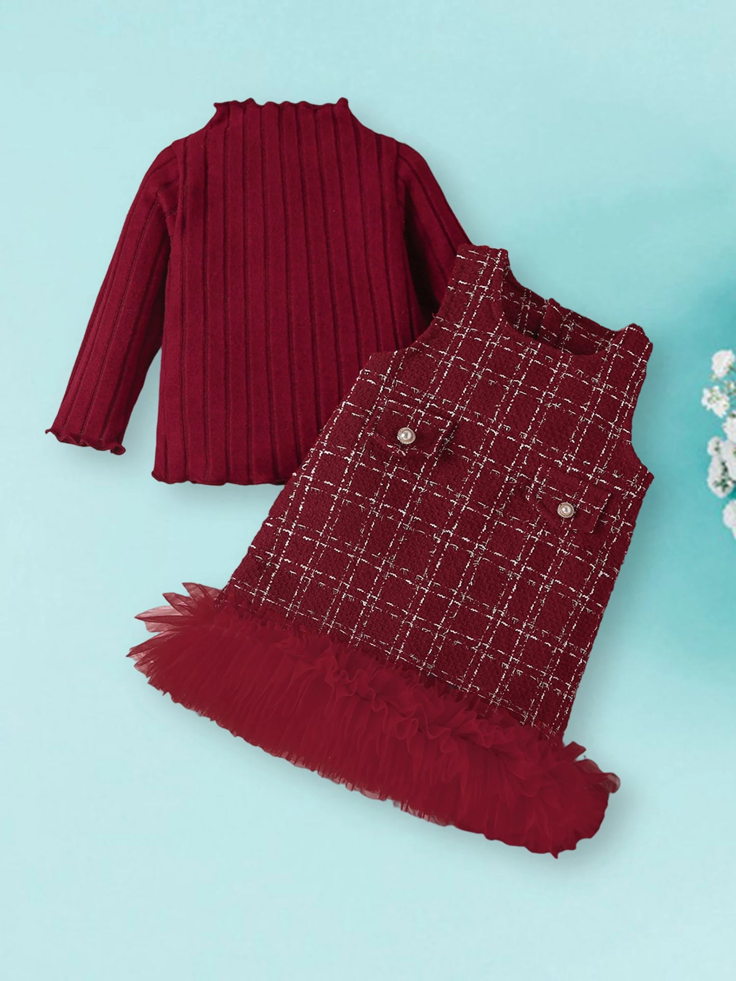 Meihuida Toddler Winter Knit Set Plaid Skirt Headband