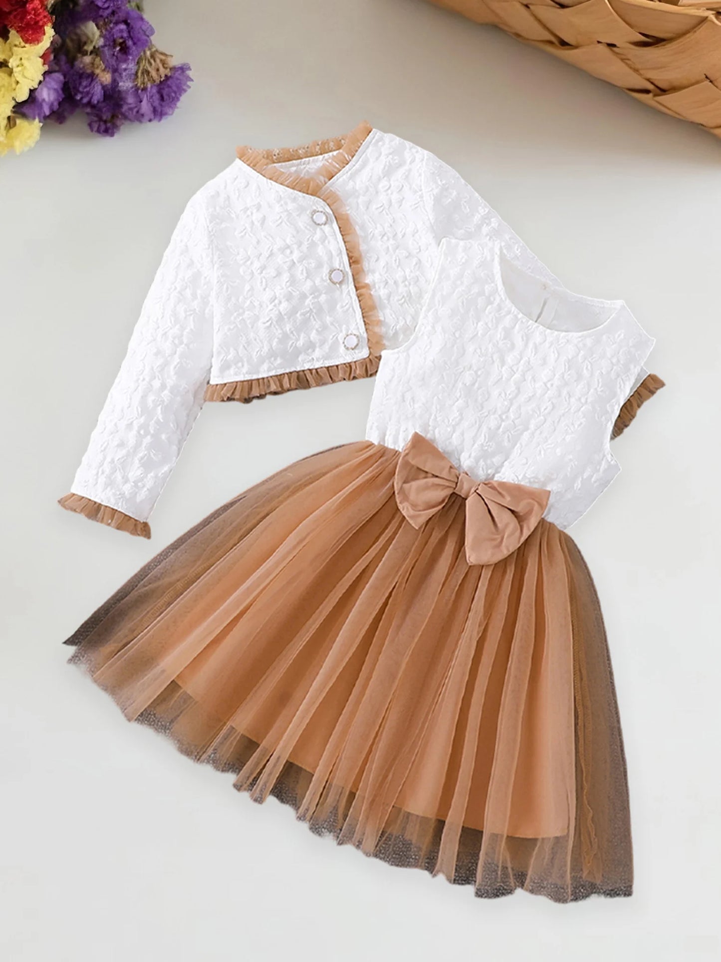 Girls 2-Piece Sleeveless Bow Tulle A-Line Dress With Jacket