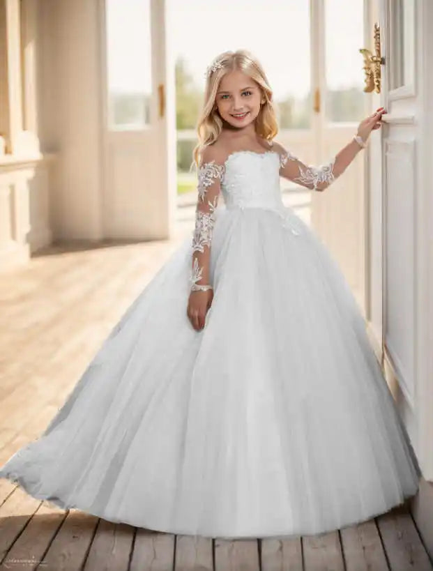 Abaowedding Lace Embroidered Sheer Long Sleeves Kids Gowns