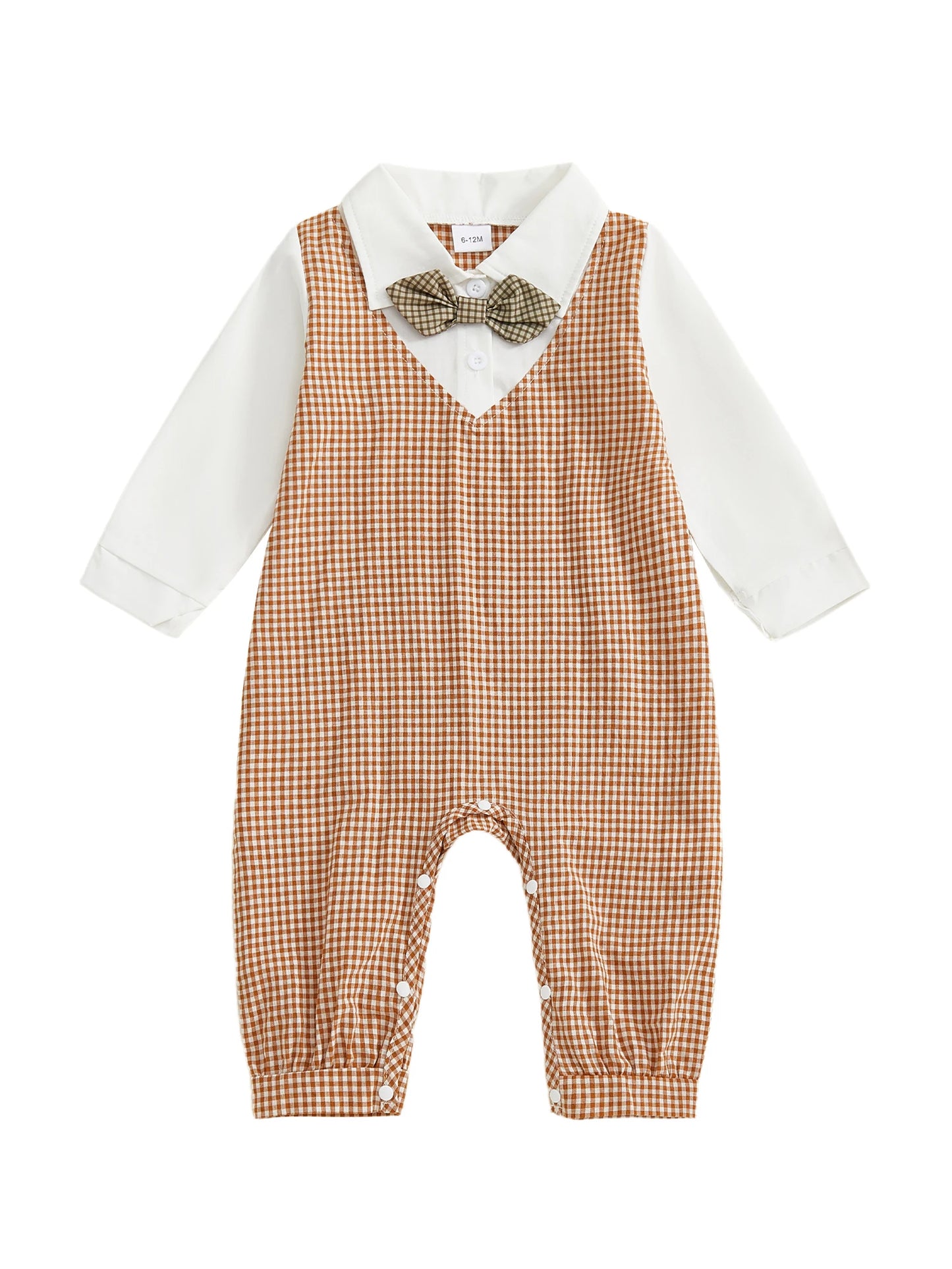 Cotton Plaid Print Unisex Baby Romper With Long Sleeve Turn Down Collar