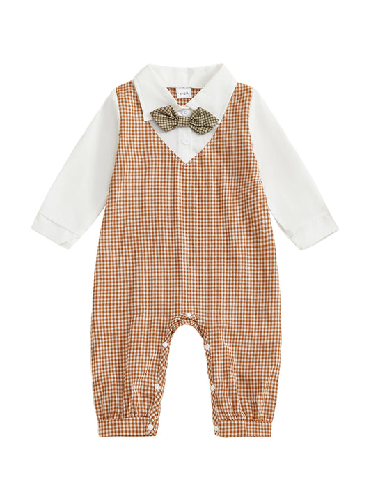 Cotton Plaid Print Unisex Baby Romper With Long Sleeve Turn Down Collar