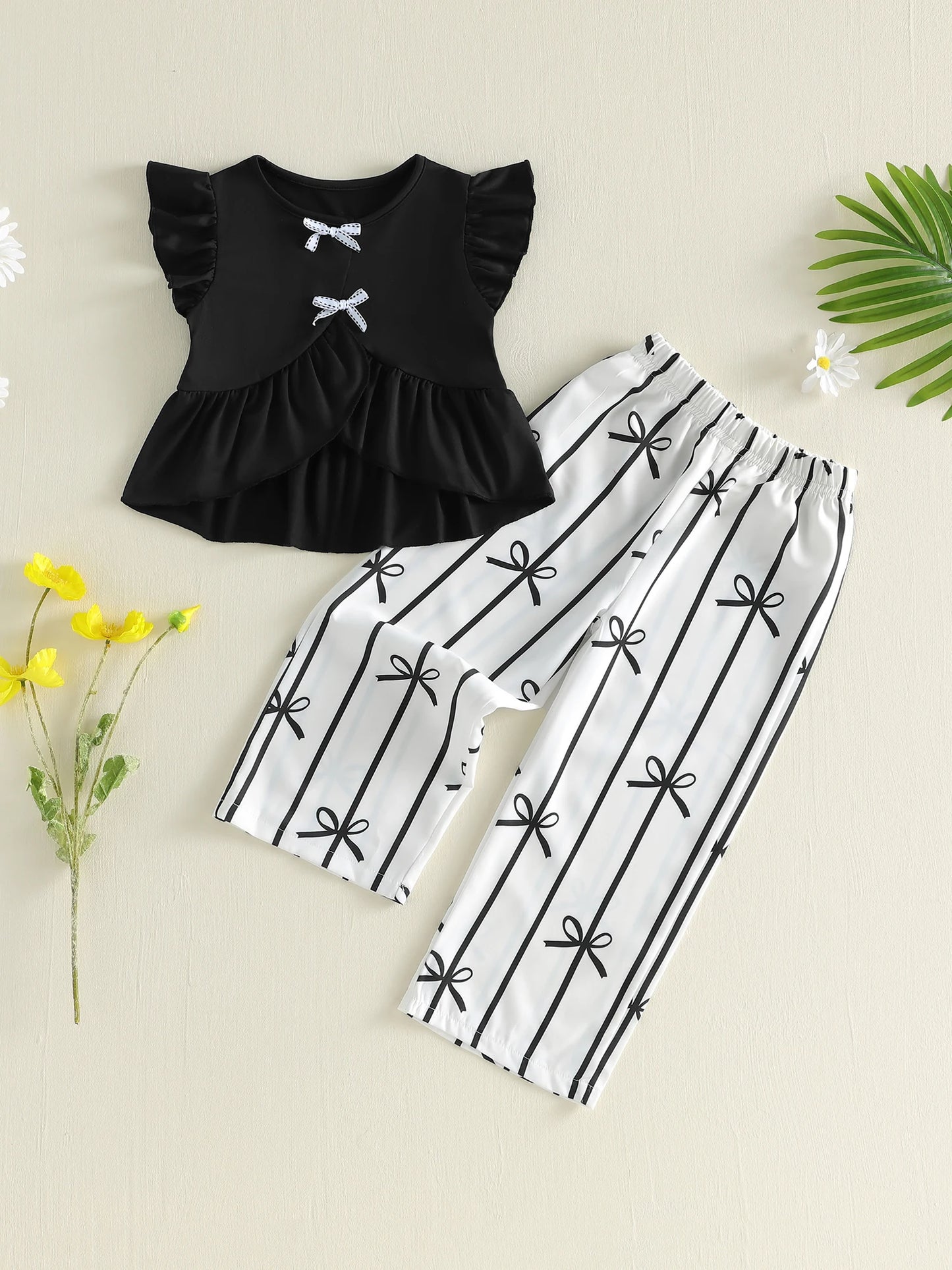 Girls Flutter Sleeve Bow Detail 2 Piece Set For Summer