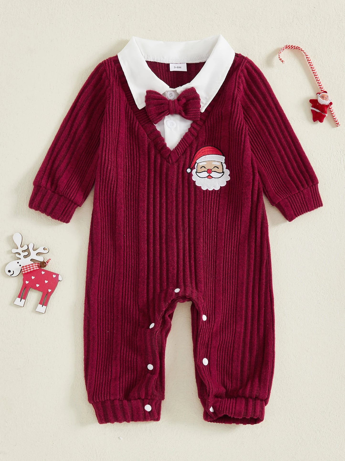 Baby Girl Cable Knit Romper With Reindeer Embroidery Long Sleeve Shawl Collar