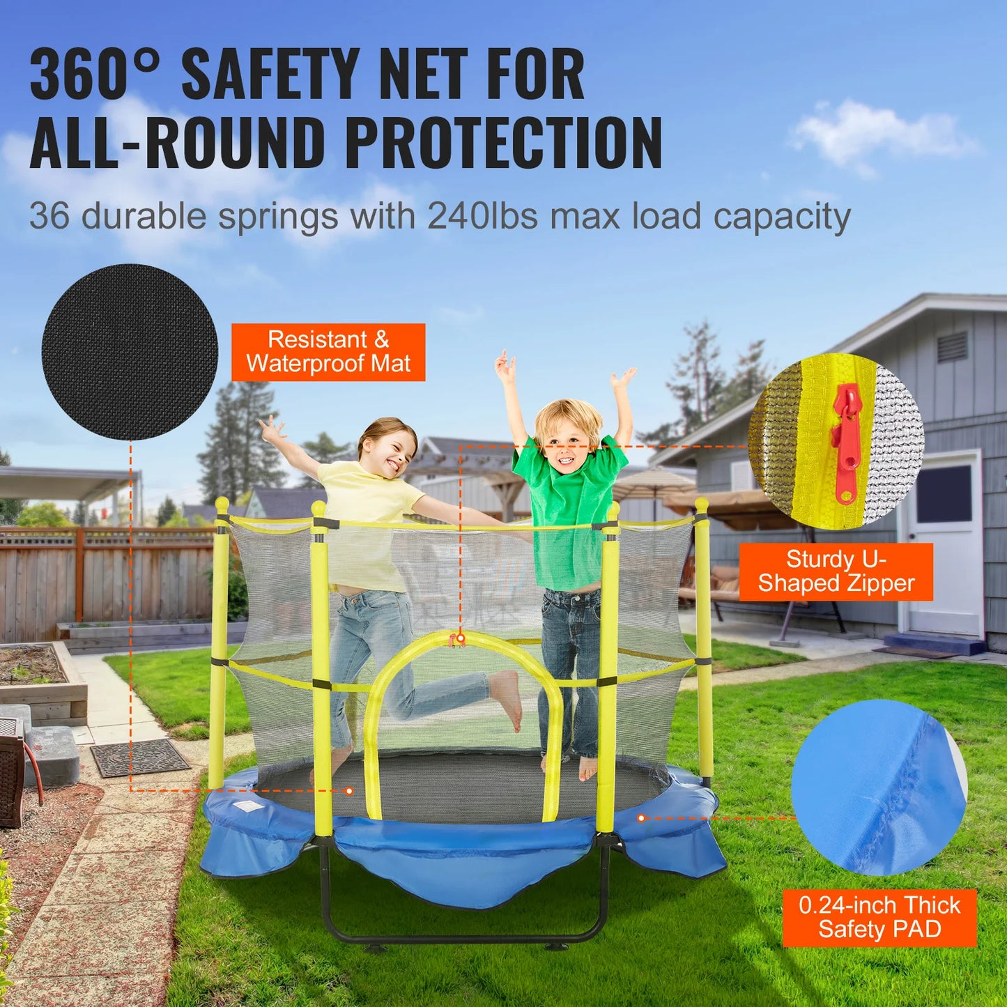 VEVOR Trampoline For Kids Indoor Outdoor Enclosure Net
