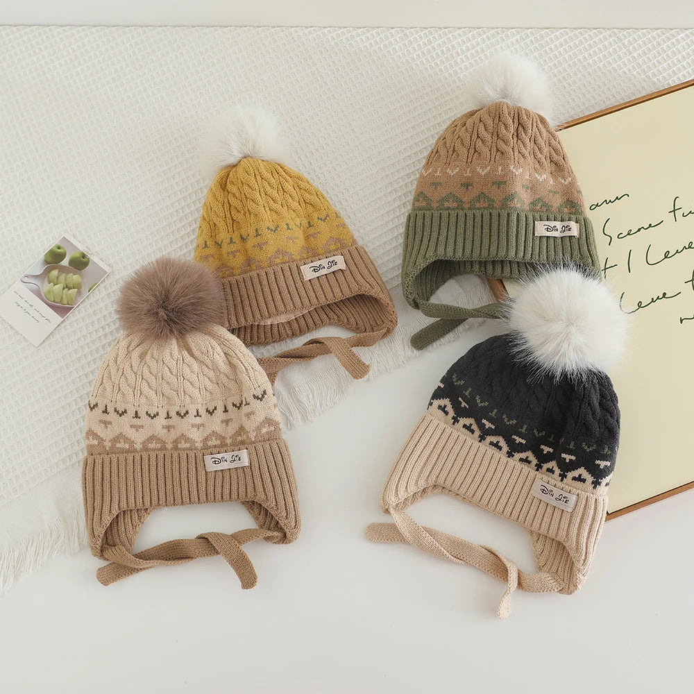 Winter Knitted Headwear for Children UltraSoft Hypoallergenic Pompom EarProtection