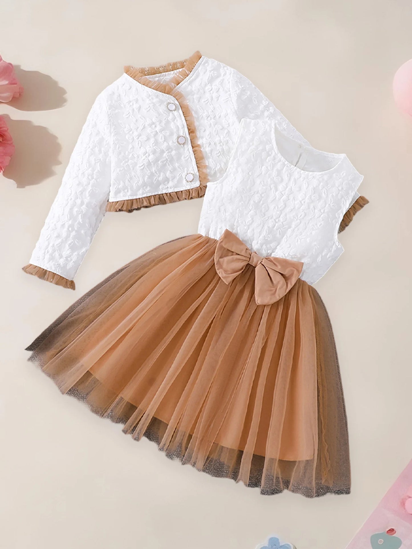 Girls 2-Piece Sleeveless Bow Tulle A-Line Dress With Jacket
