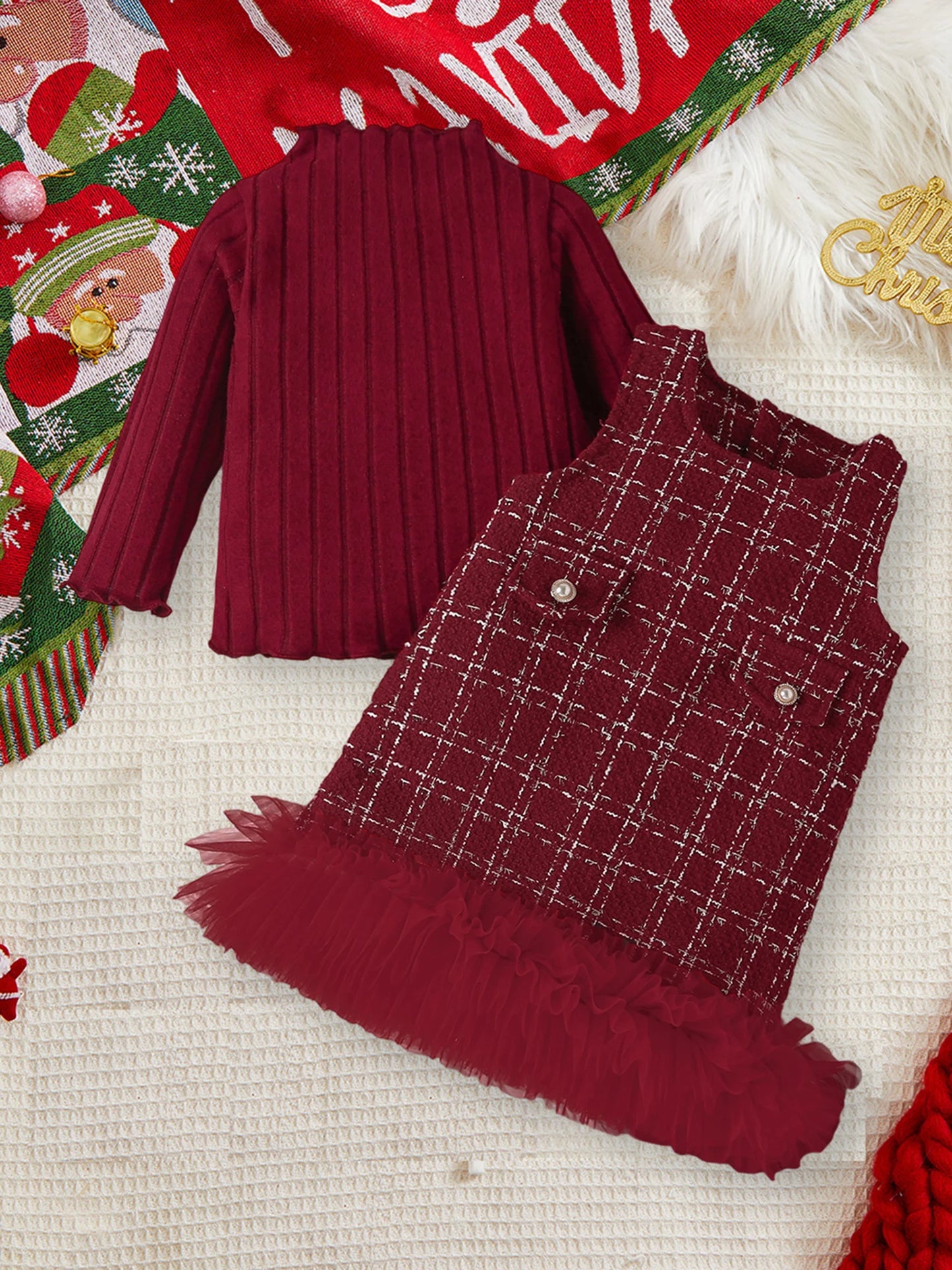 Meihuida Toddler Winter Knit Set Plaid Skirt Headband