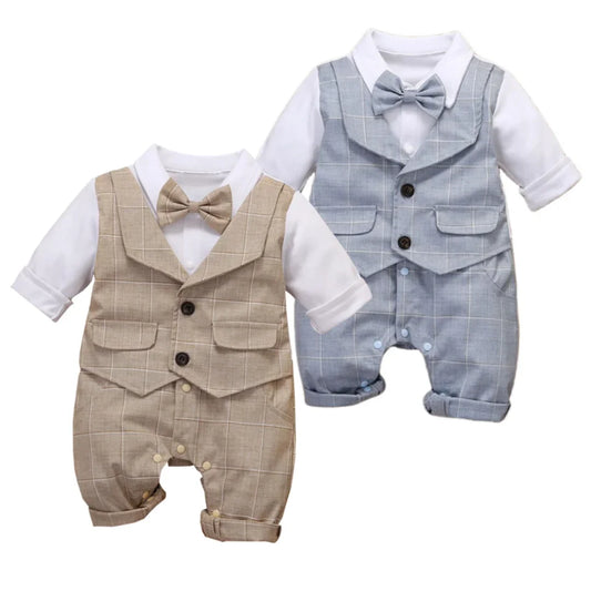 Baby Boy Plaid Formal Dress Set Cotton Romper Vest