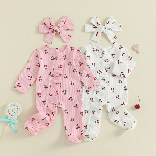 PudcocoCN Cherry Print Footed Newborn Romper With Headband