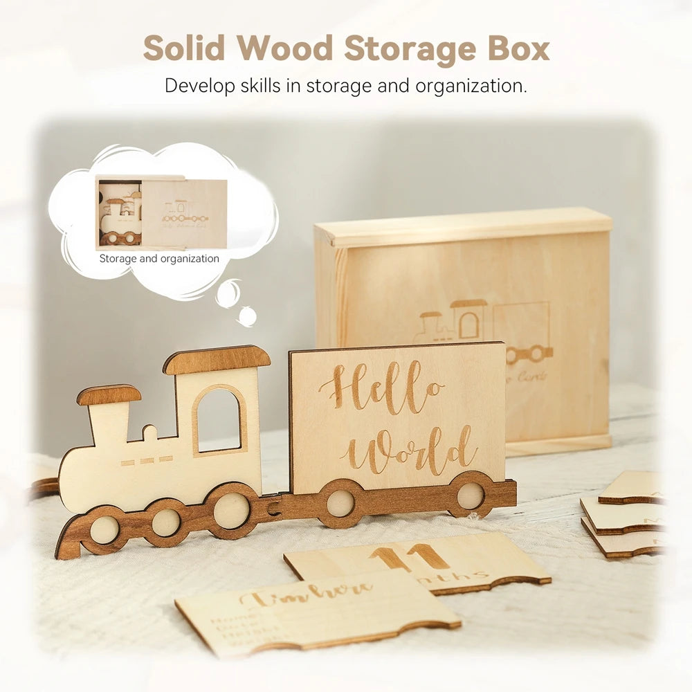 Lets Make Wooden Baby Milestone Card Cartoon Train Growth Record 0 to 12 Months