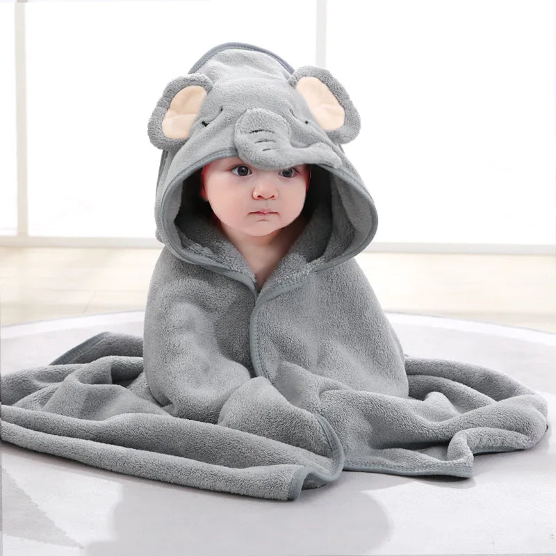 NONECN Baby Hooded Bathrobe Cartoon Coral Fleece Towel Blanket