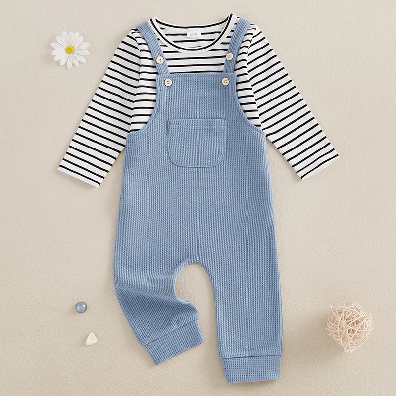 Pudcoco Boys Striped 2-Piece Long Sleeve Tee With Suspender Pants
