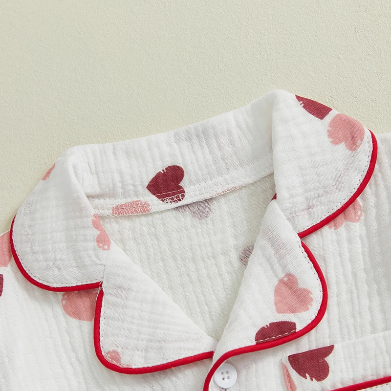 Girls Heart Pattern Pajama Set With Elastic Waist Pants