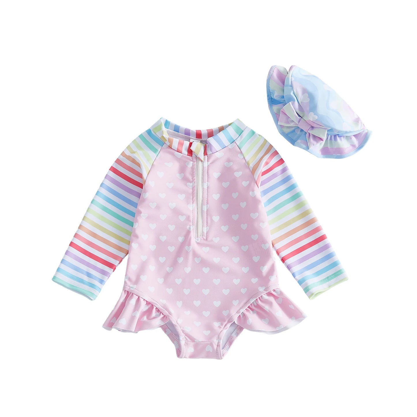Girls Heart Patterned Two Piece Rash Guard Swimsuit With Hat