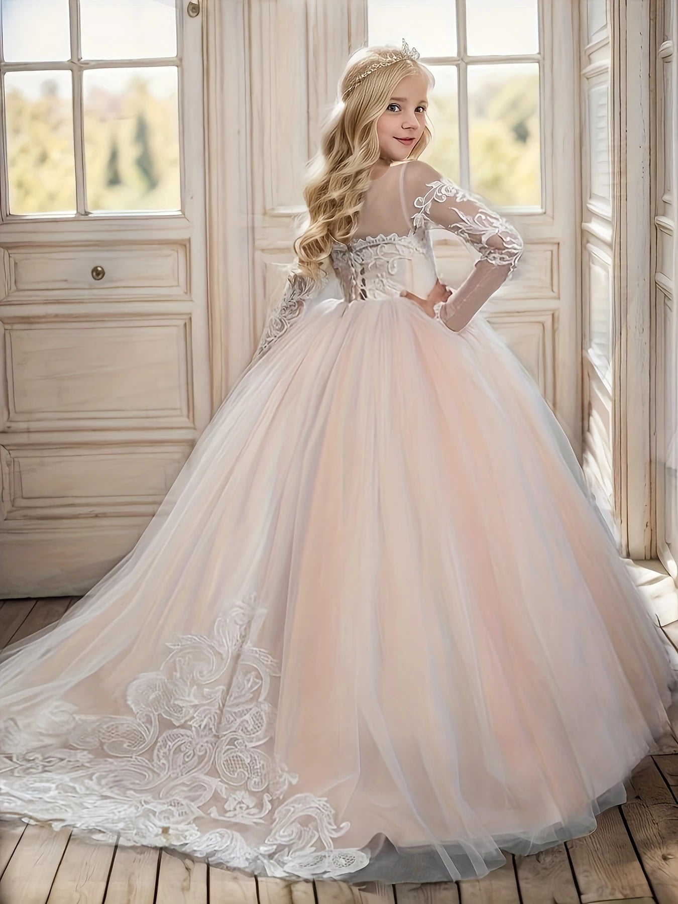 Abaowedding Lace Embroidered Sheer Long Sleeves Kids Gowns