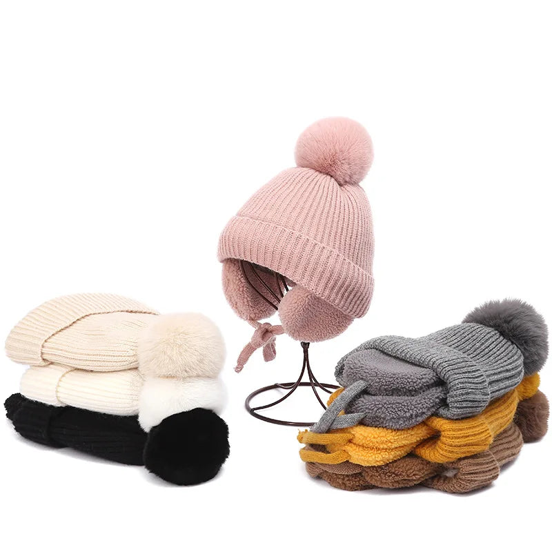 Lawadak Unisex Baby Knitwear Beanie With Earflap PomPoms Thermal WinterHeadwearPro