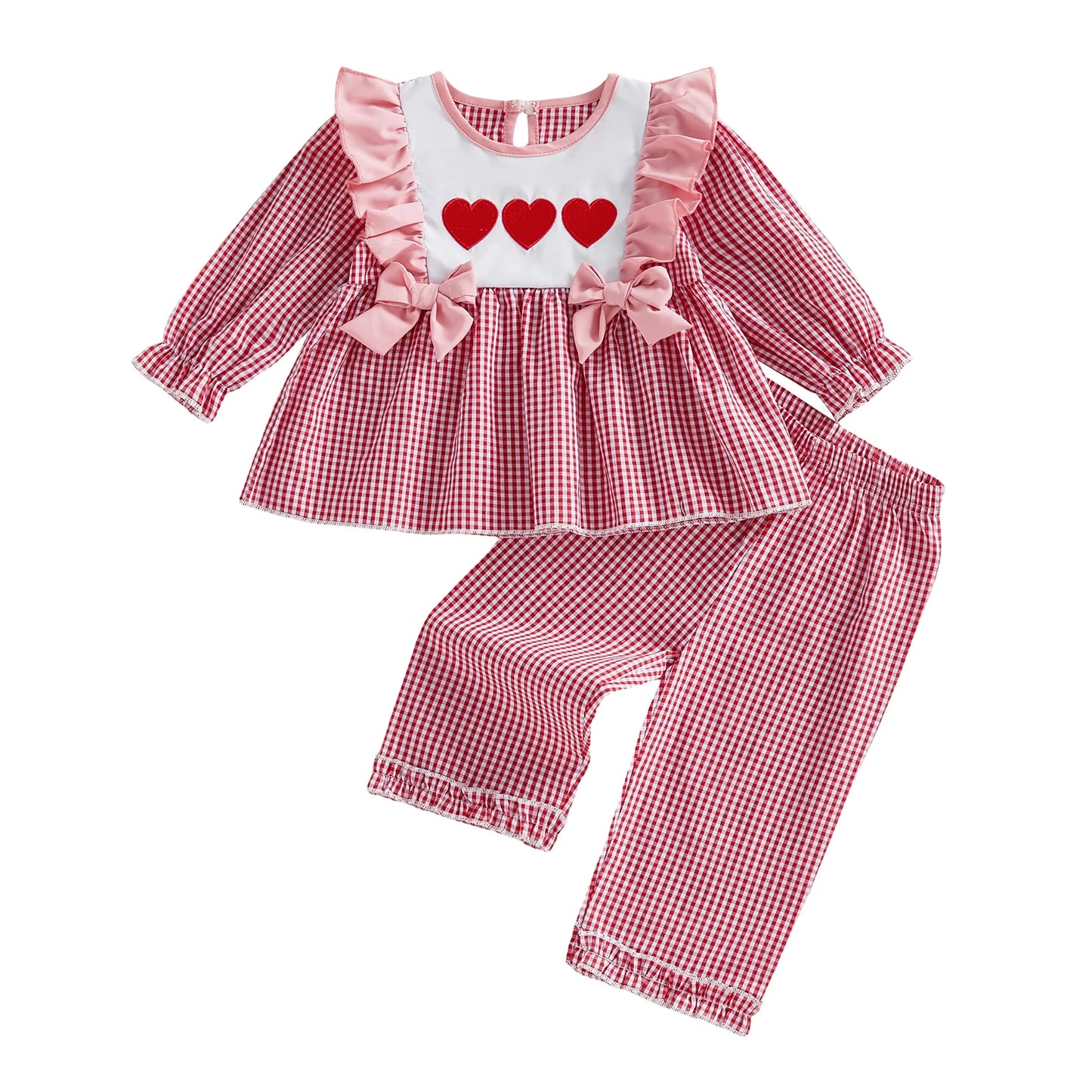 Girls Valentine Outfit Heart Print Shirt And Plaid Pants Set
