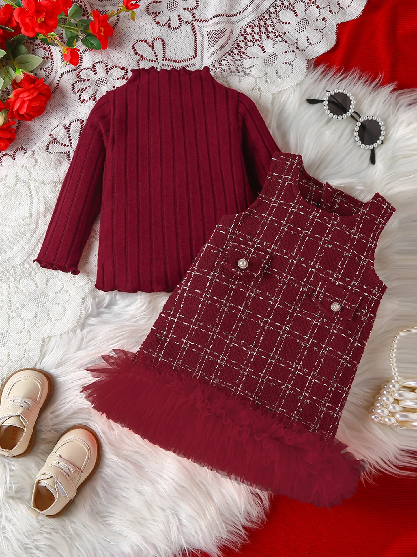 Meihuida Toddler Winter Knit Set Plaid Skirt Headband