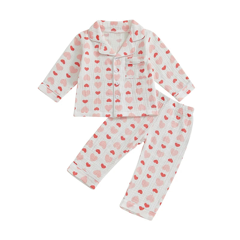 Girls Heart Pattern Pajama Set With Elastic Waist Pants
