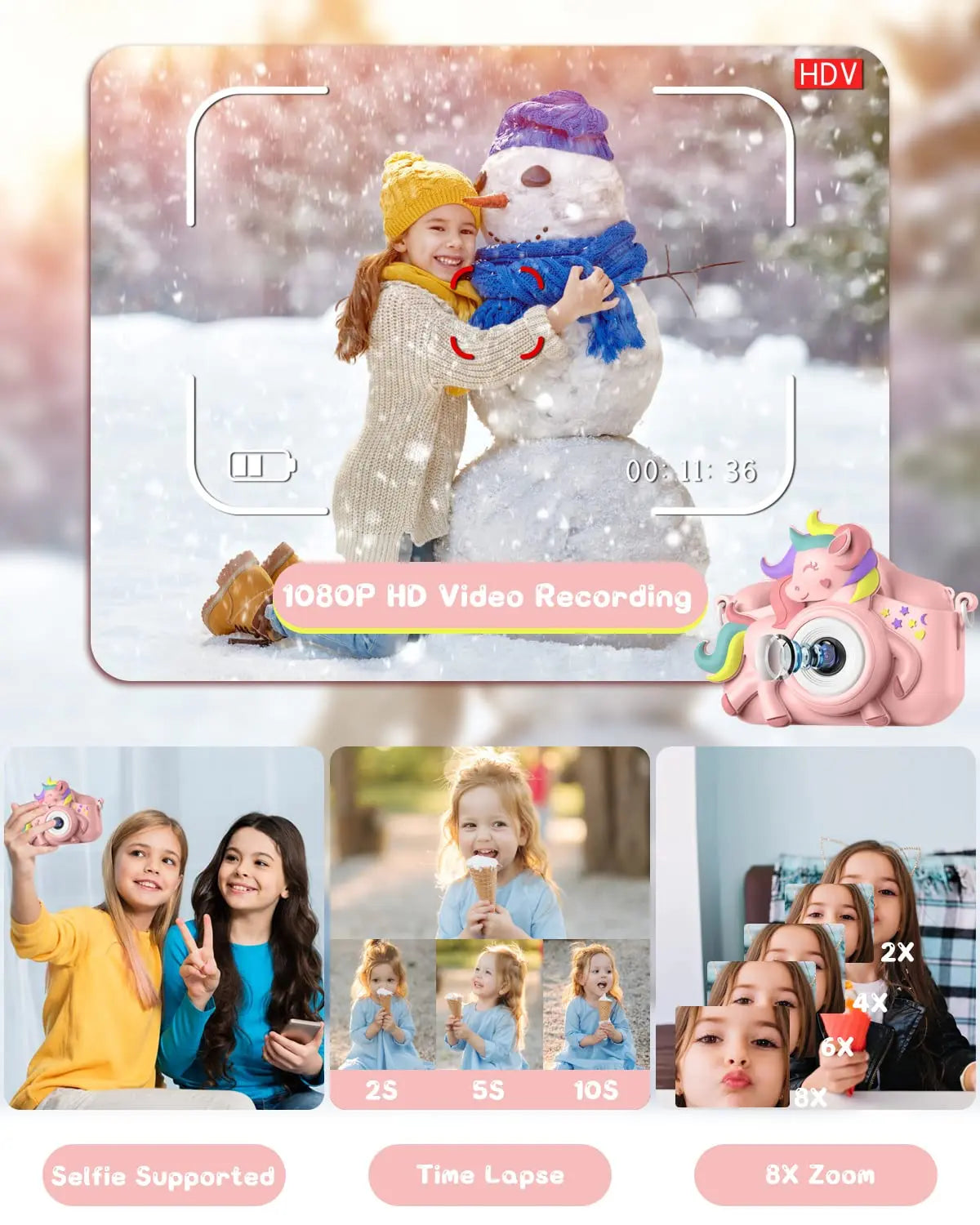 GofunlyCN Kids Camera 20MP 1080P Cartoon Selfie Toy With 32GB Card