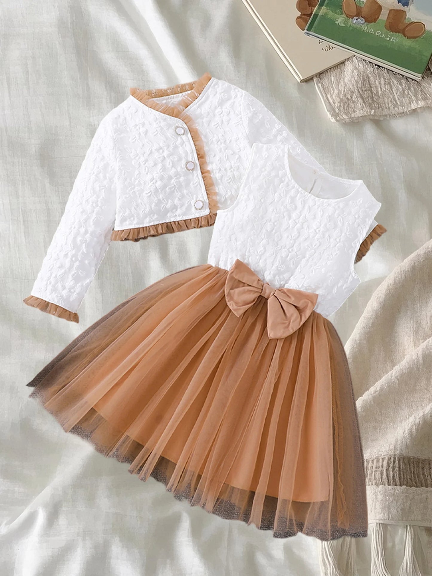 Girls 2-Piece Sleeveless Bow Tulle A-Line Dress With Jacket