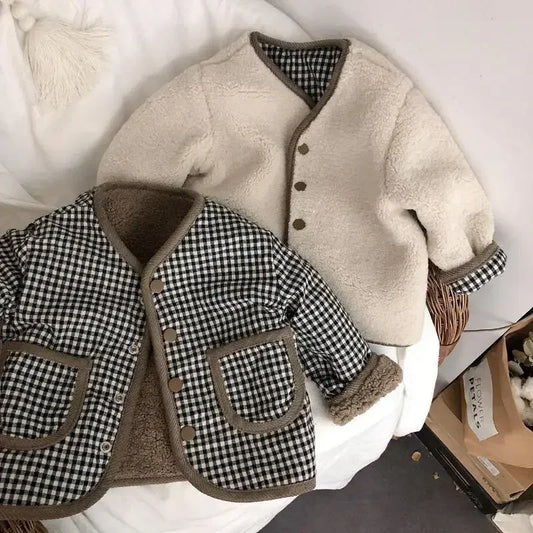HoneyCherry Kids Reversible Plaid Jacket Plush Winter Coat